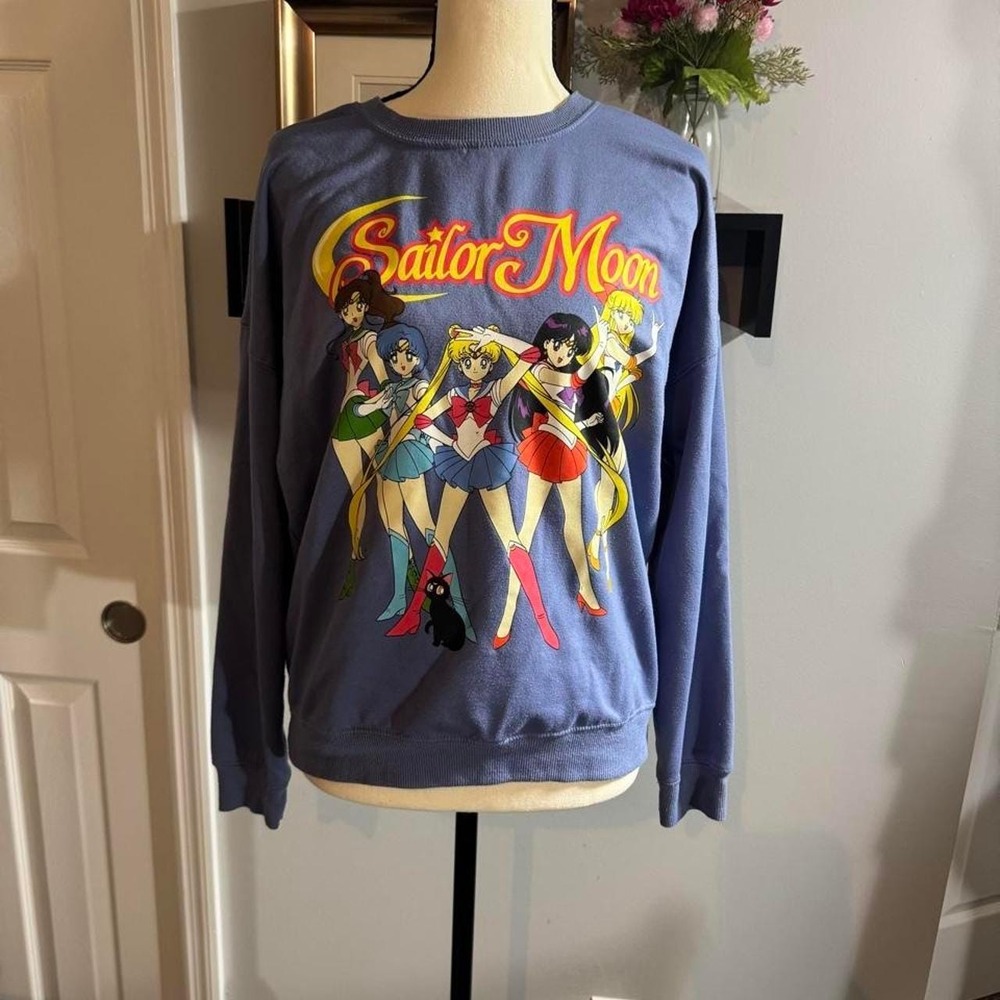 VTG Sailor Moon Women's S Blue Anime Graphic Fleece Pullover Sweatshirt